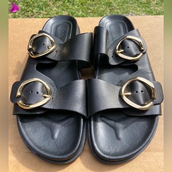 Zara Buckled Flat Leather Black Sandals Woman’s Size 9 - Picture 9 of 10